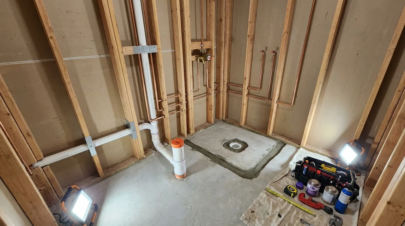 Bathroom rough-in plumbing during remodel by Johns Plumbing LLC in New Waterford