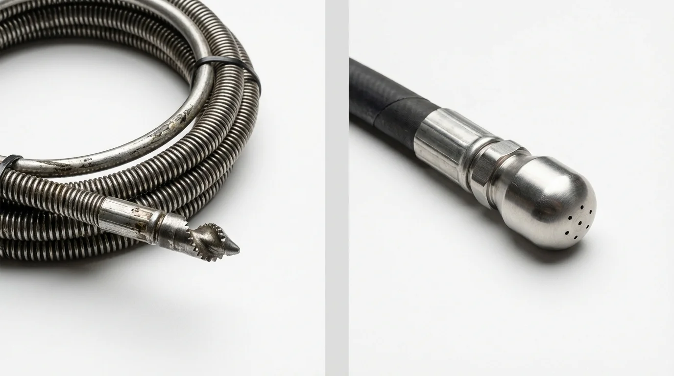 Drain snake cable and hydro jetting nozzle used for drain cleaning in New Waterford, OH