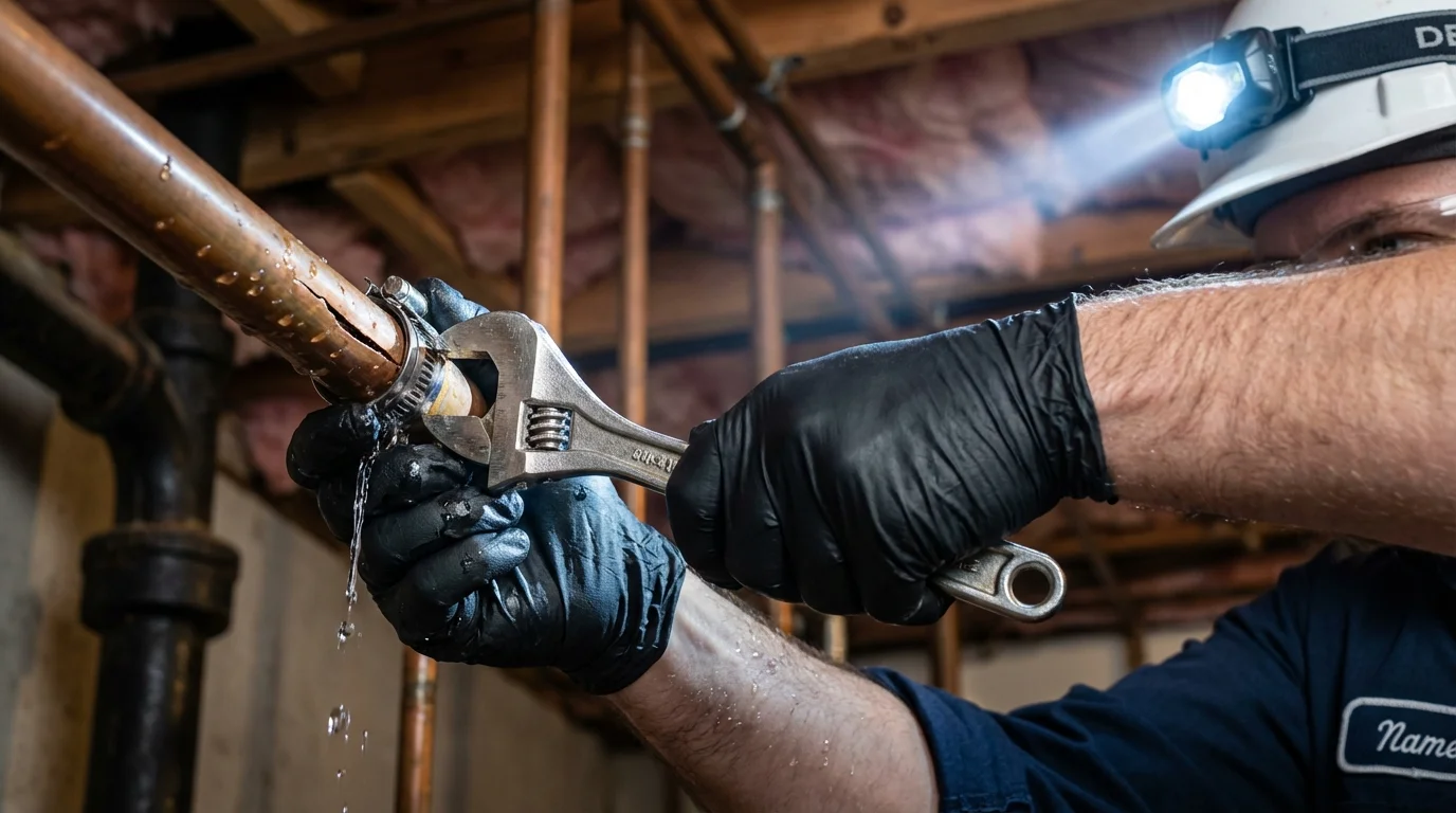 Emergency pipe clamp repair being performed by a Johns Plumbing LLC plumber in New Waterford