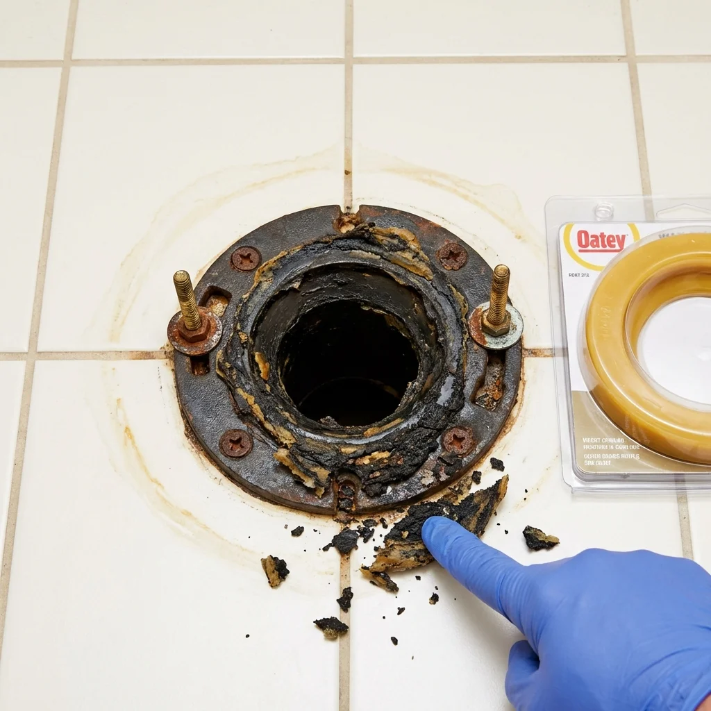 Failed wax ring showing water seepage at the base of a toilet in a New Waterford, OH home