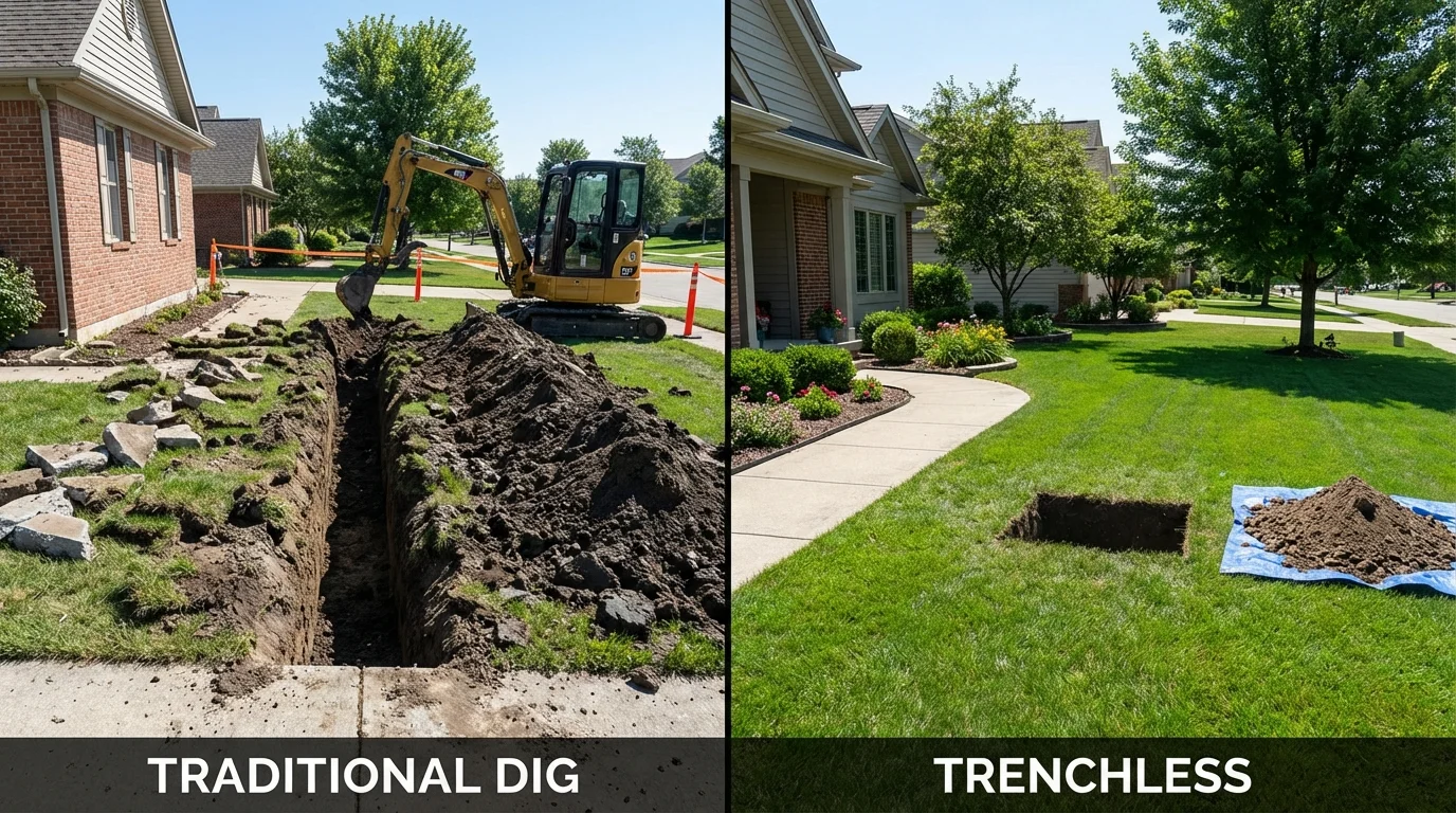 Trenchless sewer repair with minimal yard damage versus traditional excavation in New Waterford, OH