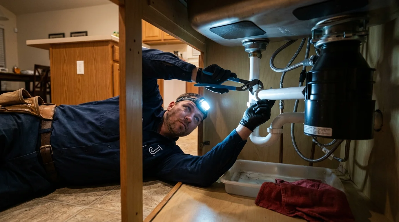 P-trap and supply line connections under a kitchen sink showing a common leak point in New Waterford, OH